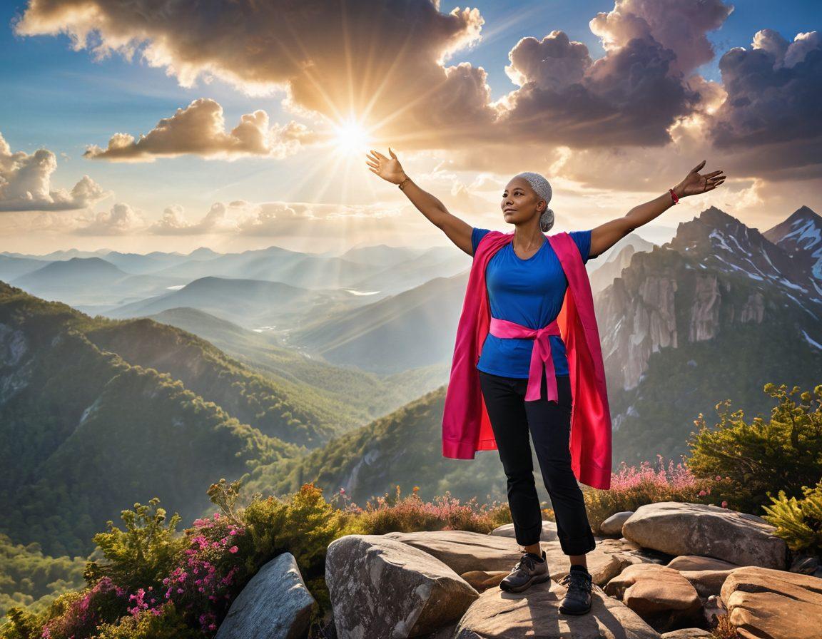 A strong and determined cancer survivor standing confidently on a mountaintop, surrounded by vibrant nature, symbolizing empowerment and healing. In the background, a diverse group of warriors shares supportive gestures, showcasing unity and strength. Soft rays of sunlight break through clouds, illuminating the scene with hope. Include elements like ribbons of awareness and serene landscapes to enhance the theme of survival and resilience. super-realistic. vibrant colors. uplifting atmosphere.