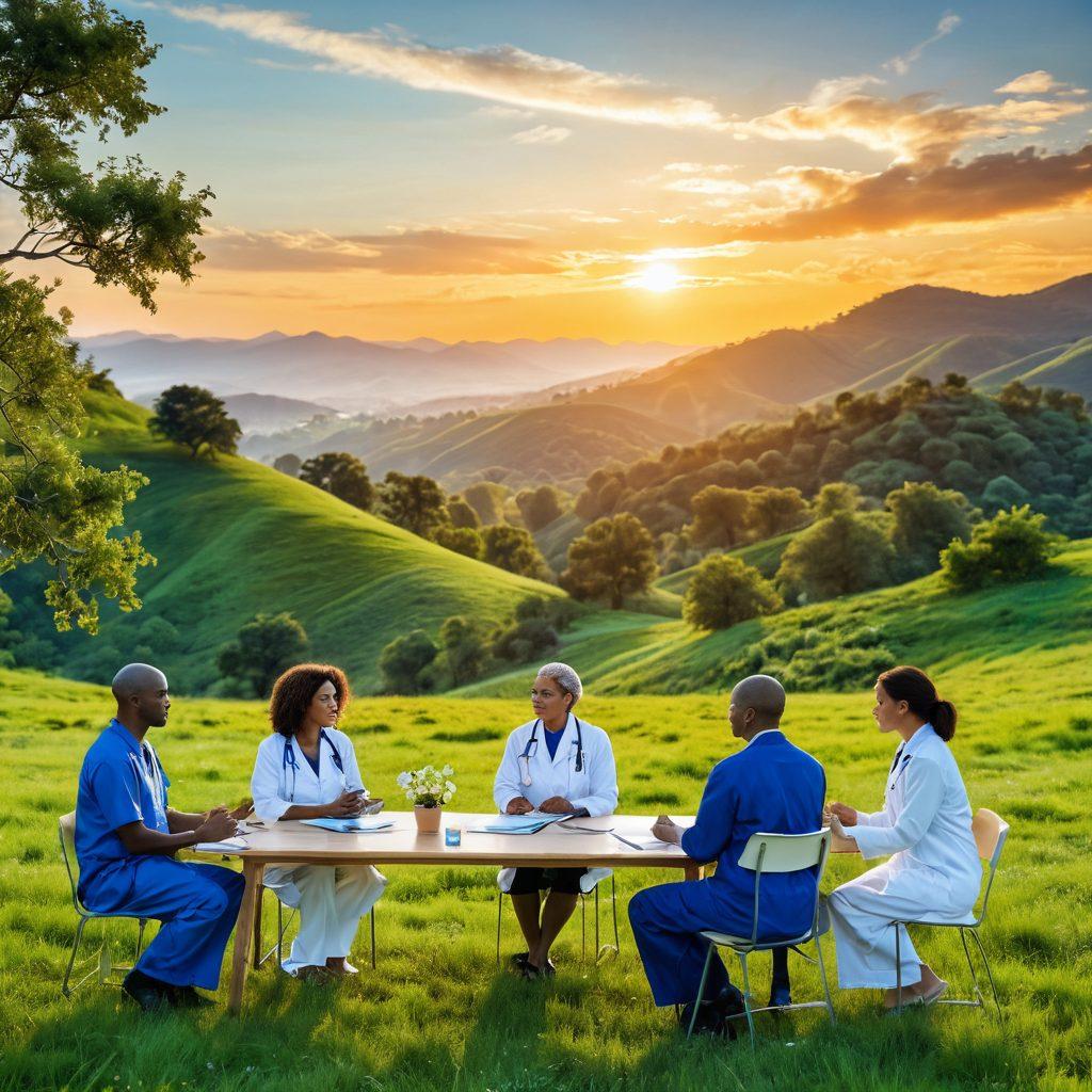 A serene landscape depicting a diverse group of healthcare professionals engaged in discussion, framed by a backdrop of green hills and a vibrant sun setting. Incorporate elements symbolizing cancer research, like DNA strands and lab equipment, alongside icons of wellness, like fruits and flowers, to embody a holistic approach. Integrate contrasting shades of blue and green for a calming effect. bright illustration. vibrant colors. soft focus.