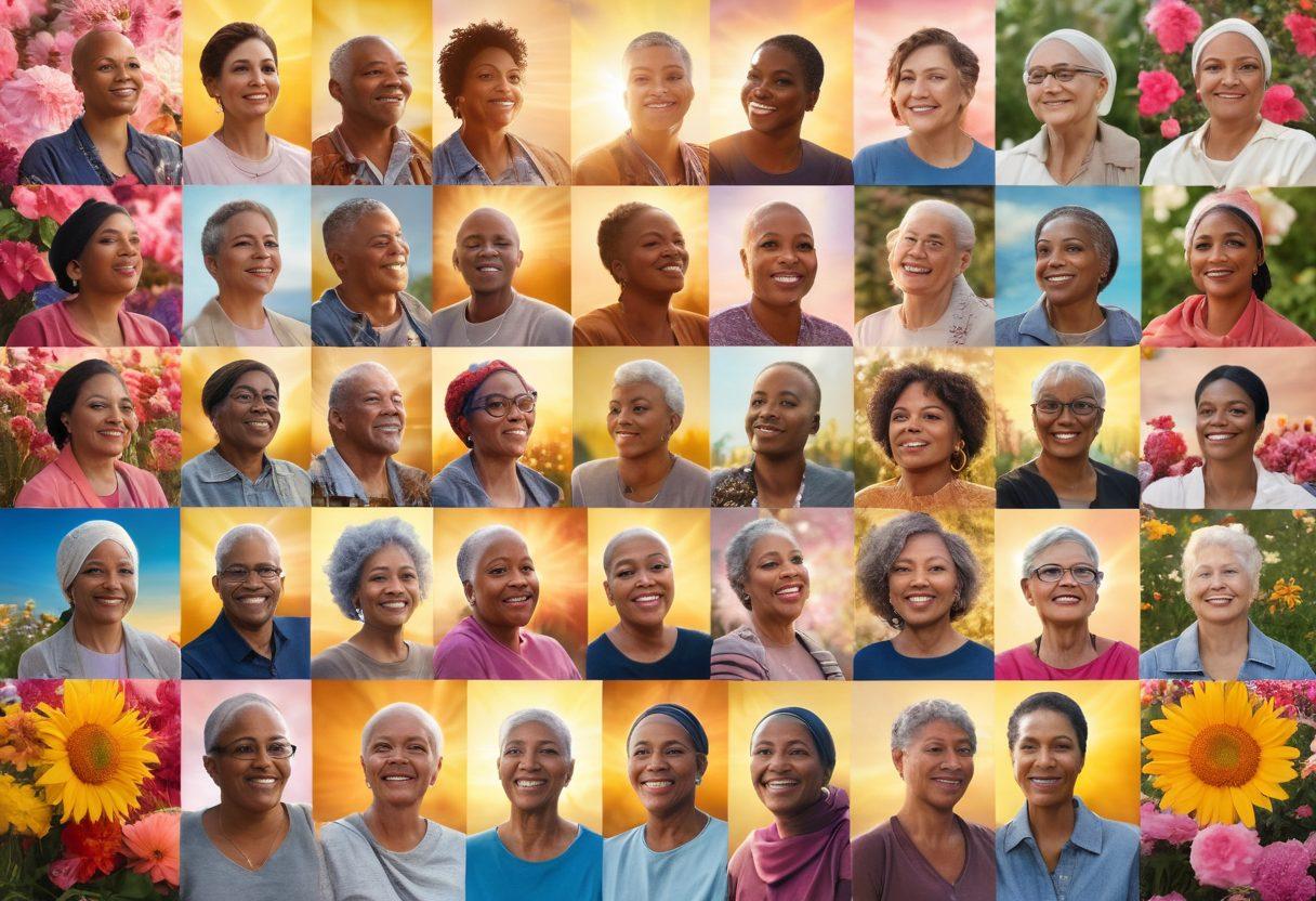 A powerful collage of diverse cancer survivors sharing their stories, displaying a range of emotions from hope to triumph. Each individual is depicted against a vibrant backdrop of healing elements like flowers and light, symbolizing resilience and hope. Include soft light rays illuminating the scene, creating an uplifting atmosphere. super-realistic. vibrant colors. warm lighting.